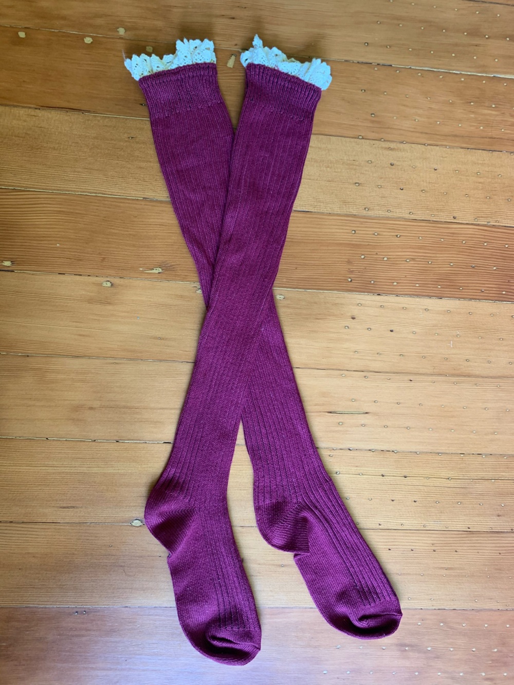 Women's Ribbed Knee High Ruffle Boot Socks in Burgundy Purple